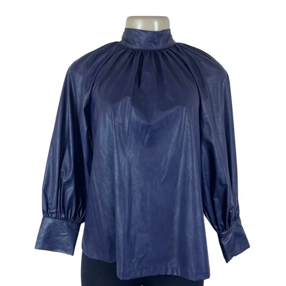 Rachel Comey Womens Navy Faux Leather Button Down Blouse With Tie Neck XXS - Picture 1 of 8